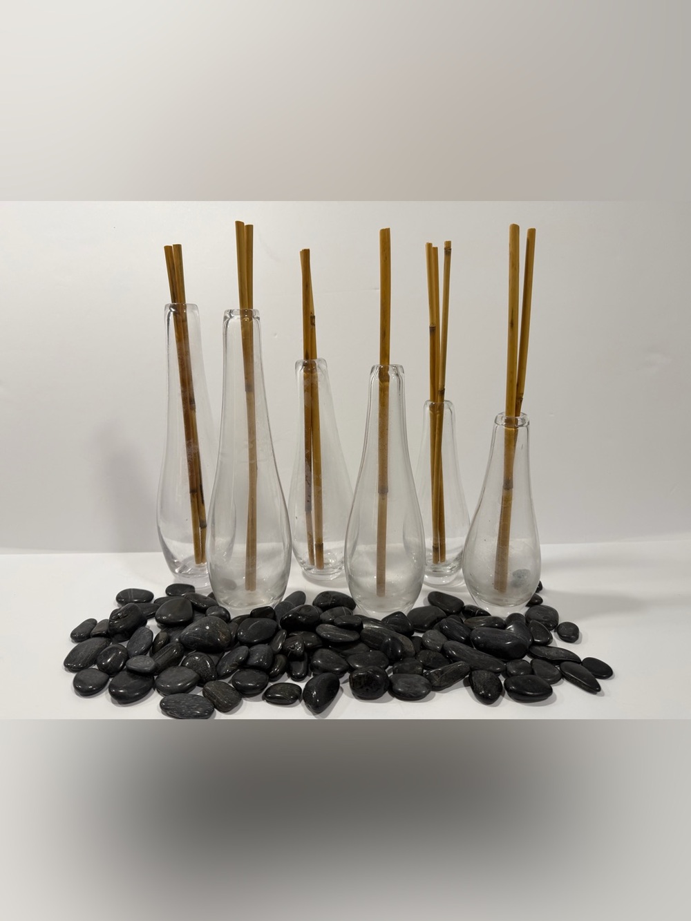 Clear Glass Reed Vase Set with Natural Bamboo Sticks & stone